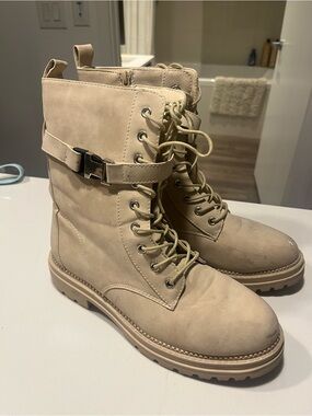 Beige Lace-Up Combat Boots